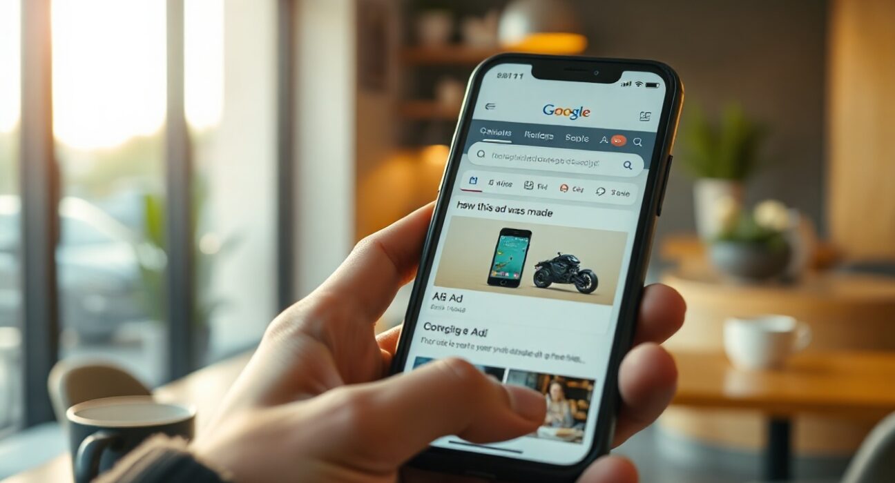 Smartphone screen showing a Google ad with a new AI disclosure label in My Ad Center