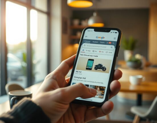 Smartphone screen showing a Google ad with a new AI disclosure label in My Ad Center