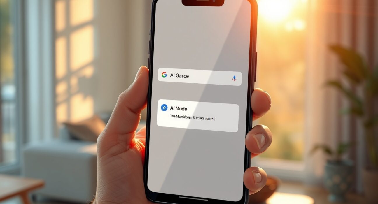 Smartphone showing Google AI Mode with a notification about movie ticket updates