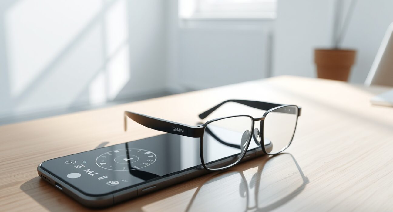 AI-powered audio smart glasses from Google resting on a desk with a smartphone nearby