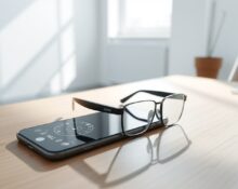 AI-powered audio smart glasses from Google resting on a desk with a smartphone nearby