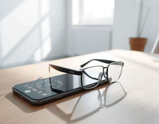 AI-powered audio smart glasses from Google resting on a desk with a smartphone nearby