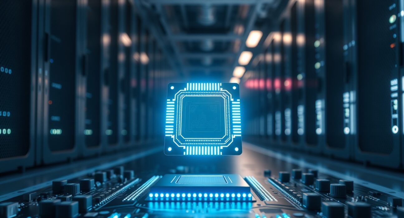 Close-up of a glowing computer chip on a motherboard in a modern data center server room.