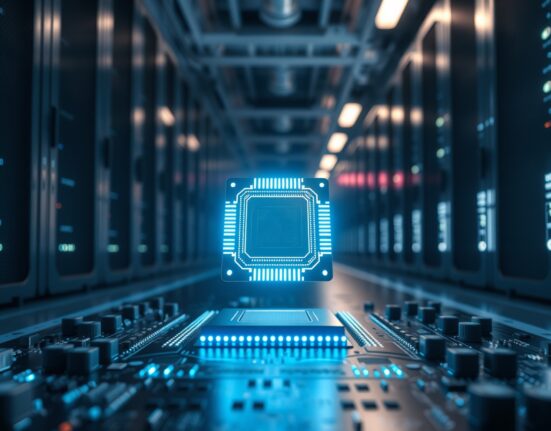 Close-up of a glowing computer chip on a motherboard in a modern data center server room.