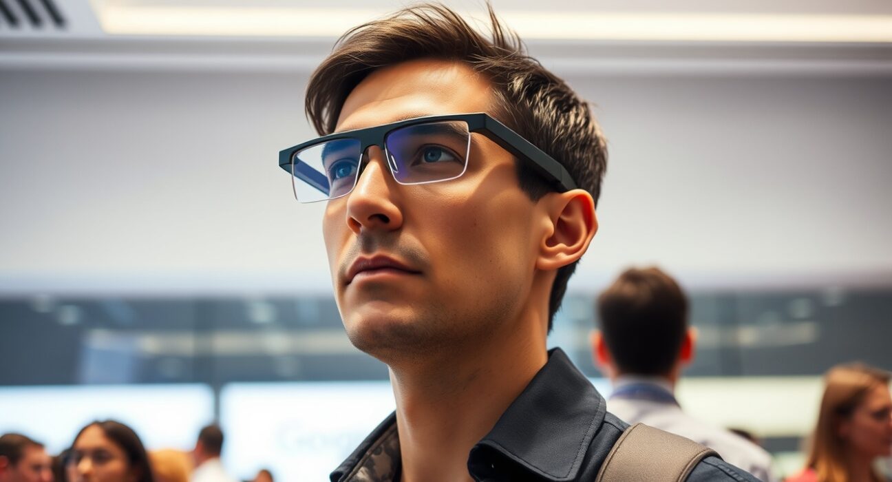 Person wearing prototype Google AI glasses with display at I/O 2026 conference