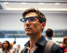 Person wearing prototype Google AI glasses with display at I/O 2026 conference