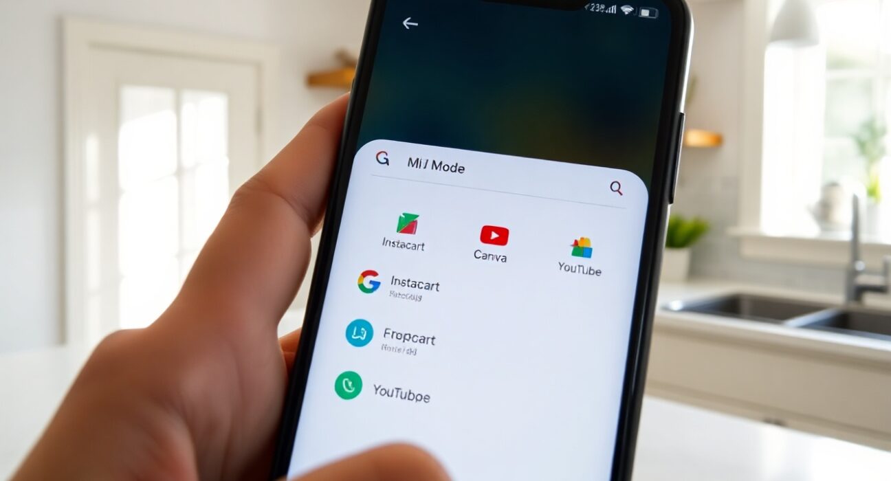 Smartphone displaying Google AI Mode with Instacart, Canva, and YouTube app icons in a bright kitchen setting