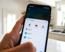 Smartphone displaying Google AI Mode with Instacart, Canva, and YouTube app icons in a bright kitchen setting