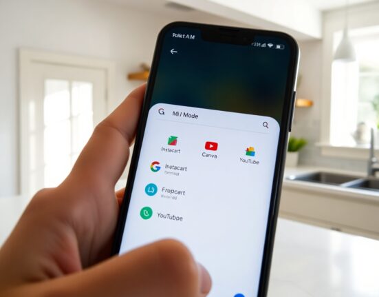 Smartphone displaying Google AI Mode with Instacart, Canva, and YouTube app icons in a bright kitchen setting