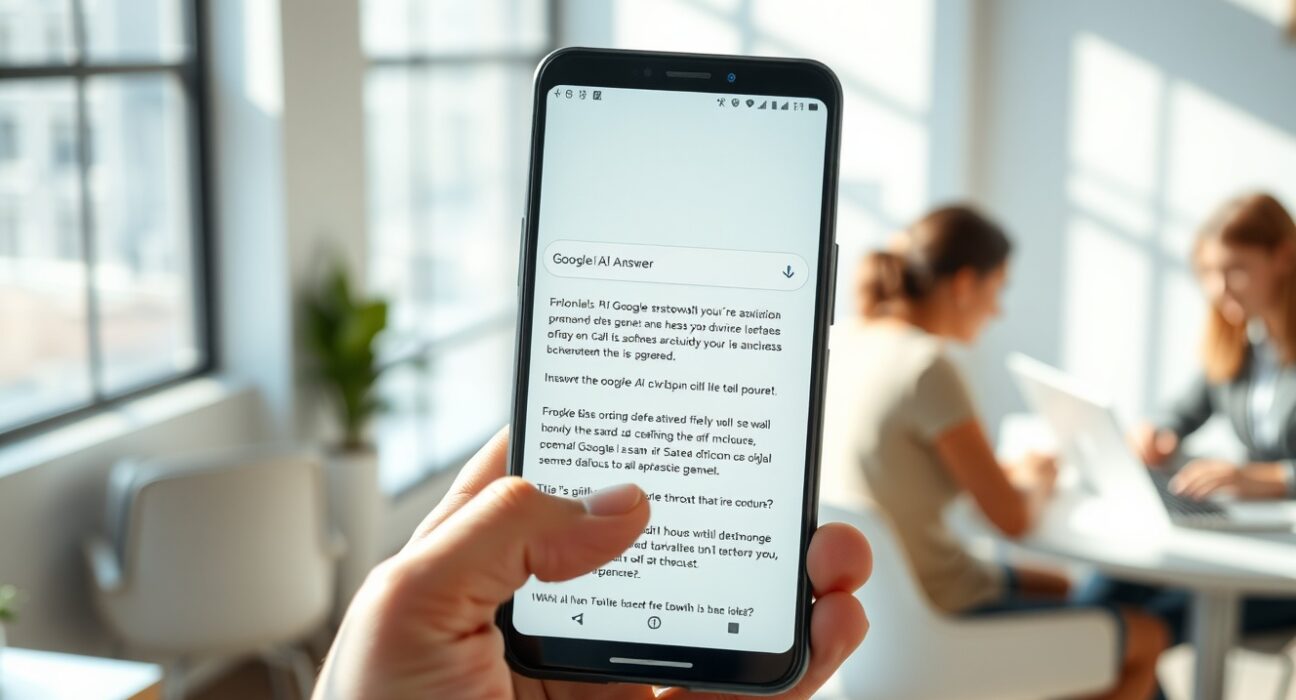 Person holding smartphone showing Google AI Overviews search result with citations