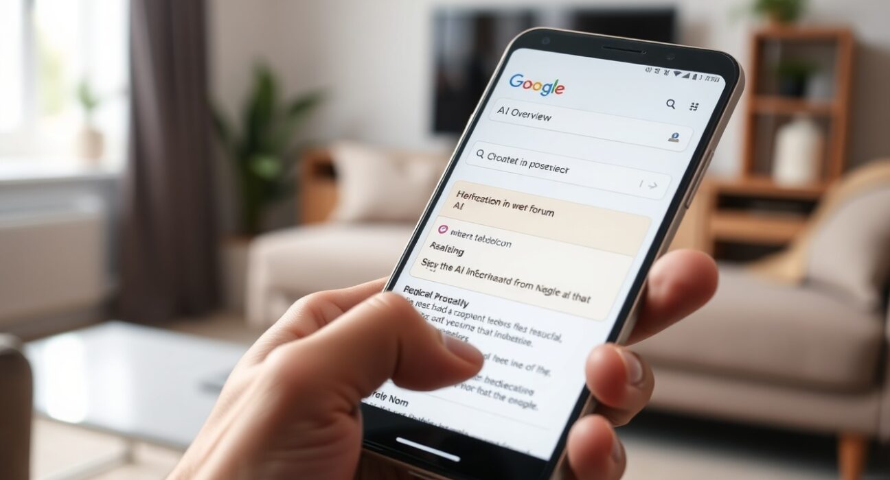 Person holding smartphone showing Google AI Overview with forum citation