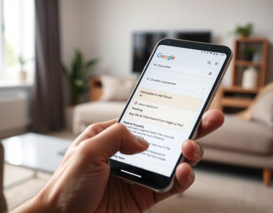 Person holding smartphone showing Google AI Overview with forum citation