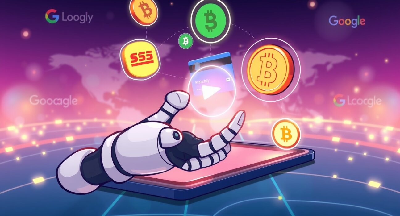 A vibrant cartoon illustration showing a robot hand facilitating a secure Google AI payment protocol, integrating both traditional and stablecoin transactions.