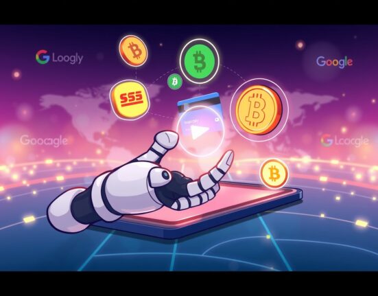 A vibrant cartoon illustration showing a robot hand facilitating a secure Google AI payment protocol, integrating both traditional and stablecoin transactions.