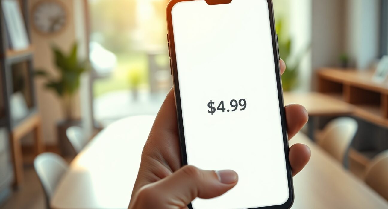 Smartphone displaying Google AI Plus app with $4.99 price tag in a bright office setting