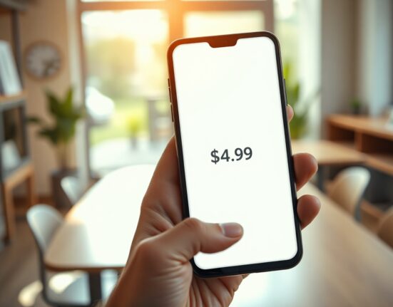 Smartphone displaying Google AI Plus app with $4.99 price tag in a bright office setting