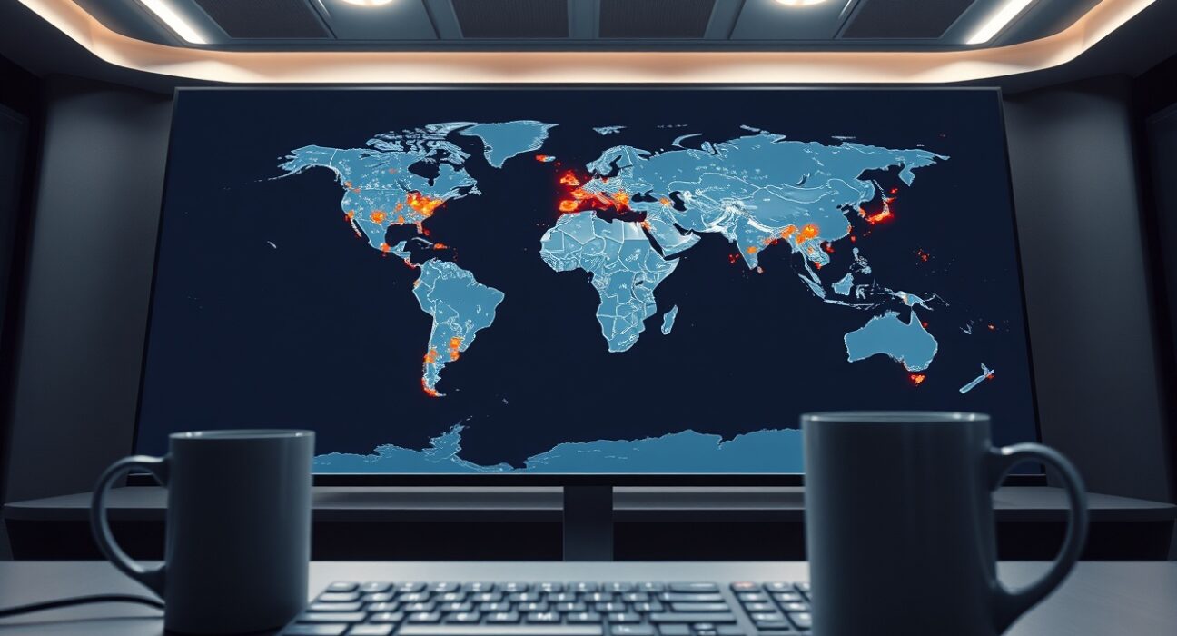 Google AI model predicting global flash flood risks on a digital map in an operations center.