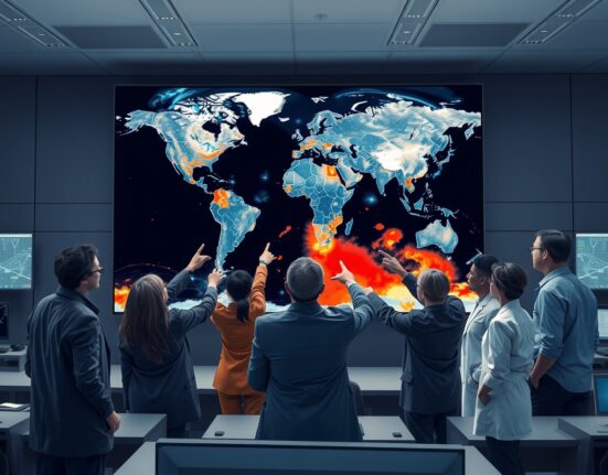 Google AI model predicting global flash flood risks on a digital map in an operations center.