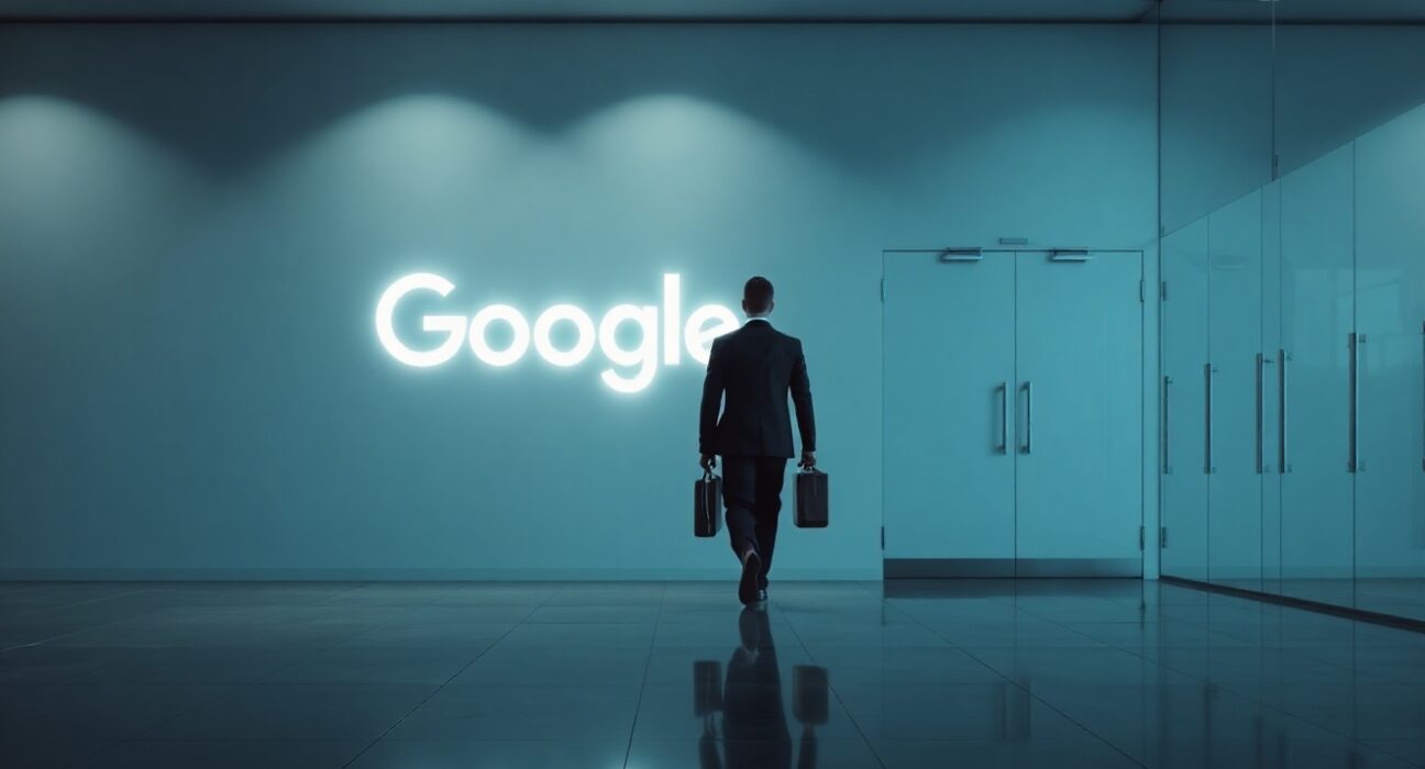 Professional walking away from Google logo toward Anthropic logo in a corporate lobby, representing AI talent departure.