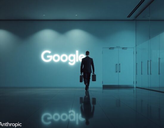 Professional walking away from Google logo toward Anthropic logo in a corporate lobby, representing AI talent departure.
