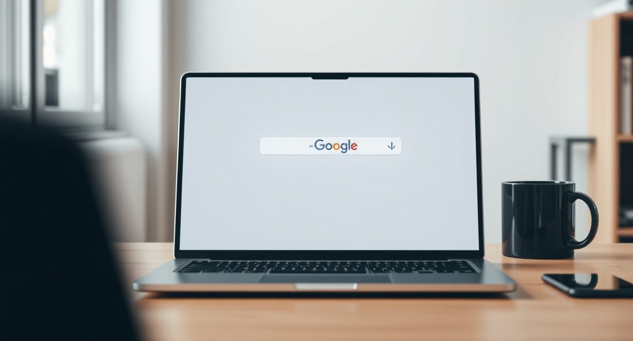 Laptop screen showing Google search with misspelled result for the word 'Google'