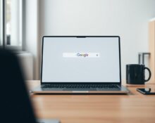 Laptop screen showing Google search with misspelled result for the word 'Google'