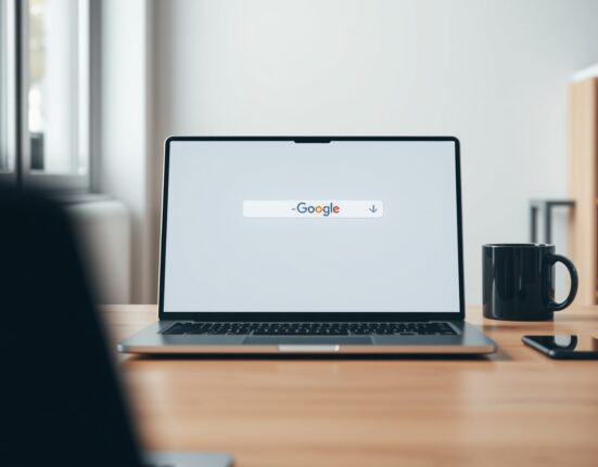 Laptop screen showing Google search with misspelled result for the word 'Google'
