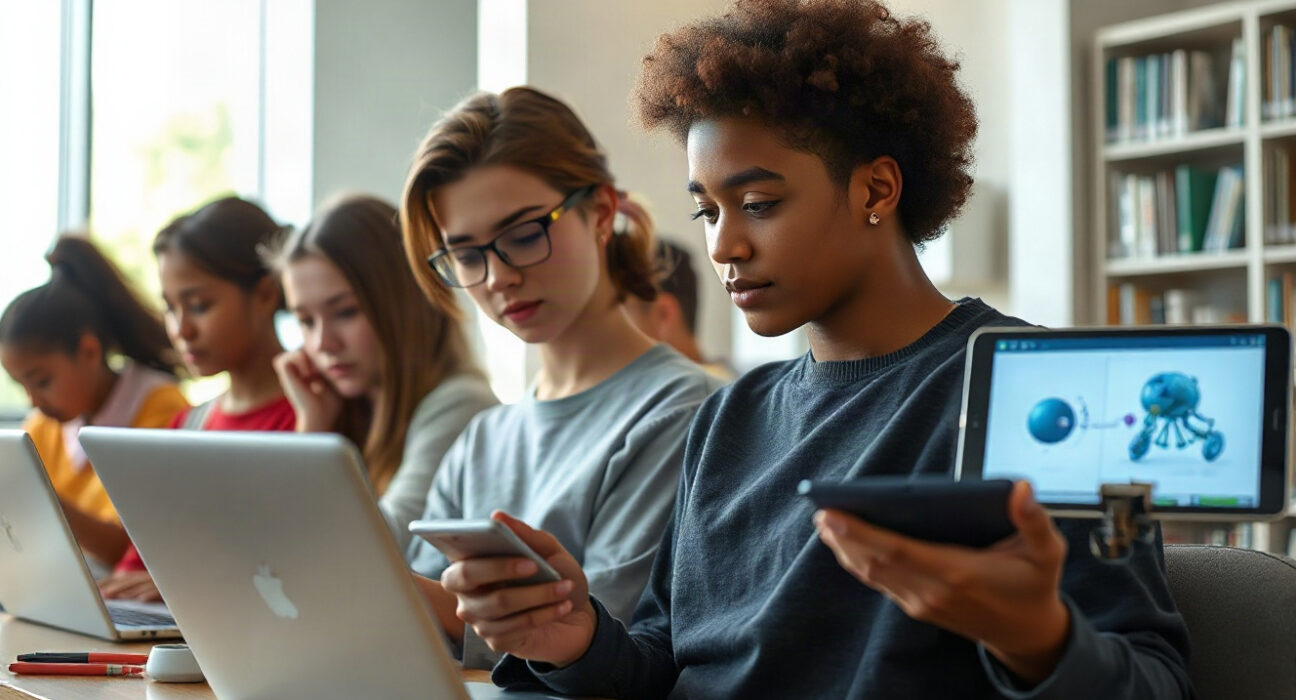 Students using laptops with AI-powered study tools in a library