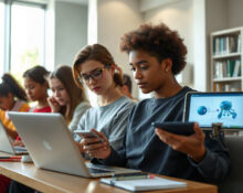 Students using laptops with AI-powered study tools in a library