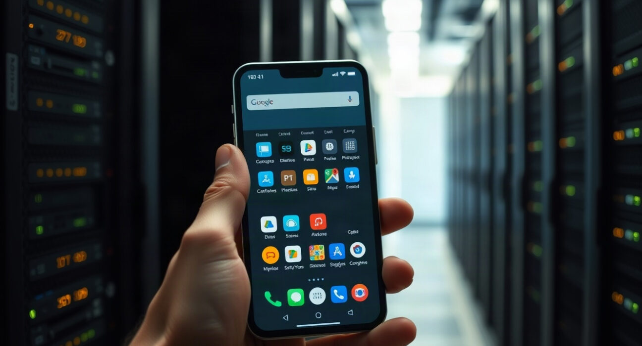 Hand holding an Android smartphone with app grid, data center background, representing memory constraints.