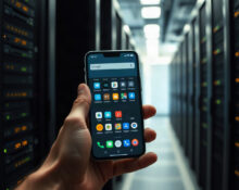 Hand holding an Android smartphone with app grid, data center background, representing memory constraints.