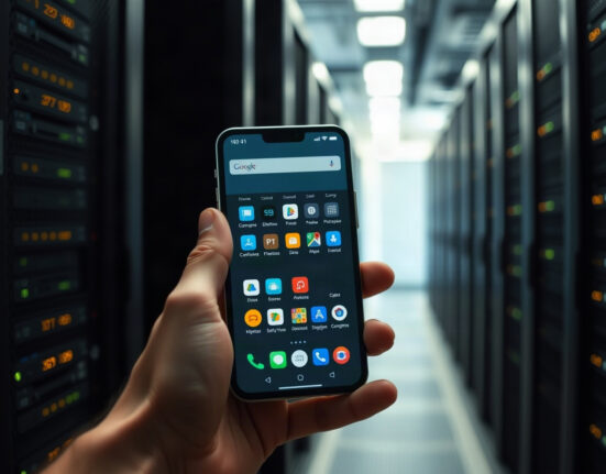 Hand holding an Android smartphone with app grid, data center background, representing memory constraints.