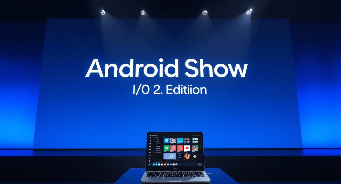 Google Android Show I/O 2026 event stage with Googlebook laptop and Gemini AI features on display.