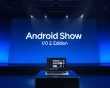 Google Android Show I/O 2026 event stage with Googlebook laptop and Gemini AI features on display.