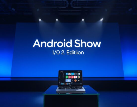 Google Android Show I/O 2026 event stage with Googlebook laptop and Gemini AI features on display.