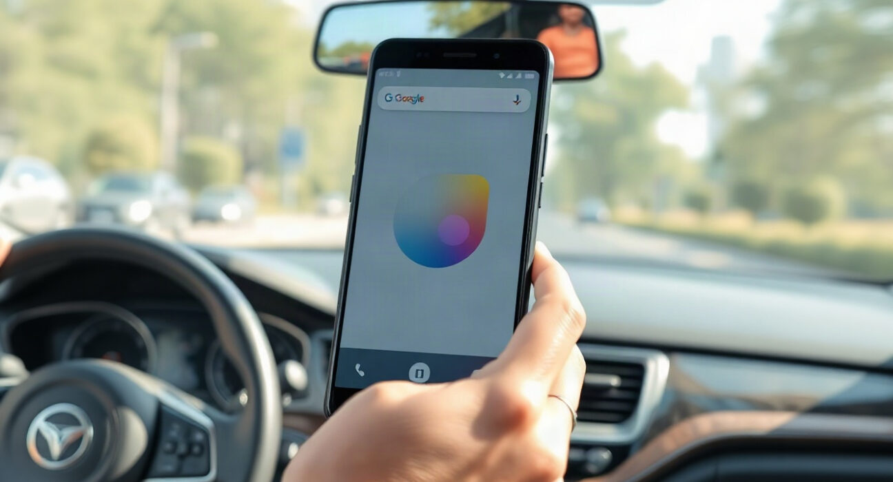 Person using a smartphone in a moving car with Motion Assist bubble overlay visible on screen