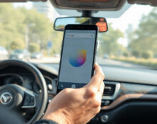 Person using a smartphone in a moving car with Motion Assist bubble overlay visible on screen