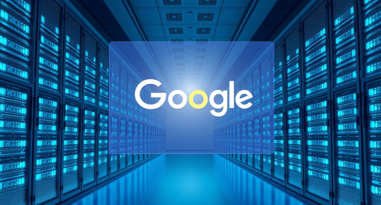 Google Anthropic investment deal: futuristic data center with server racks and holographic logos