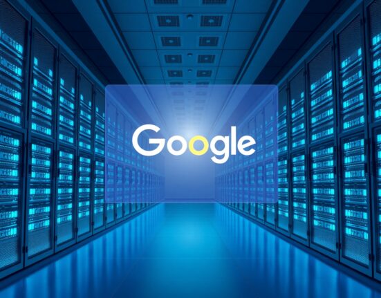 Google Anthropic investment deal: futuristic data center with server racks and holographic logos