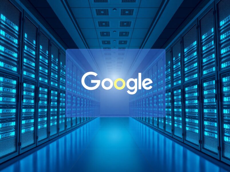 Google Anthropic investment deal: futuristic data center with server racks and holographic logos