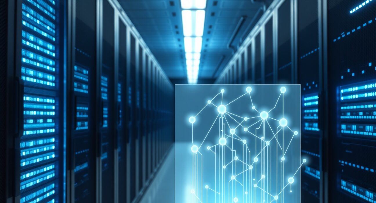 Google Cloud data center with holographic blockchain network visualization representing ZeroG on-chain data analysis