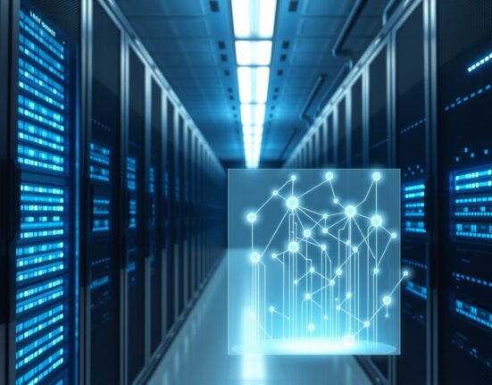 Google Cloud data center with holographic blockchain network visualization representing ZeroG on-chain data analysis