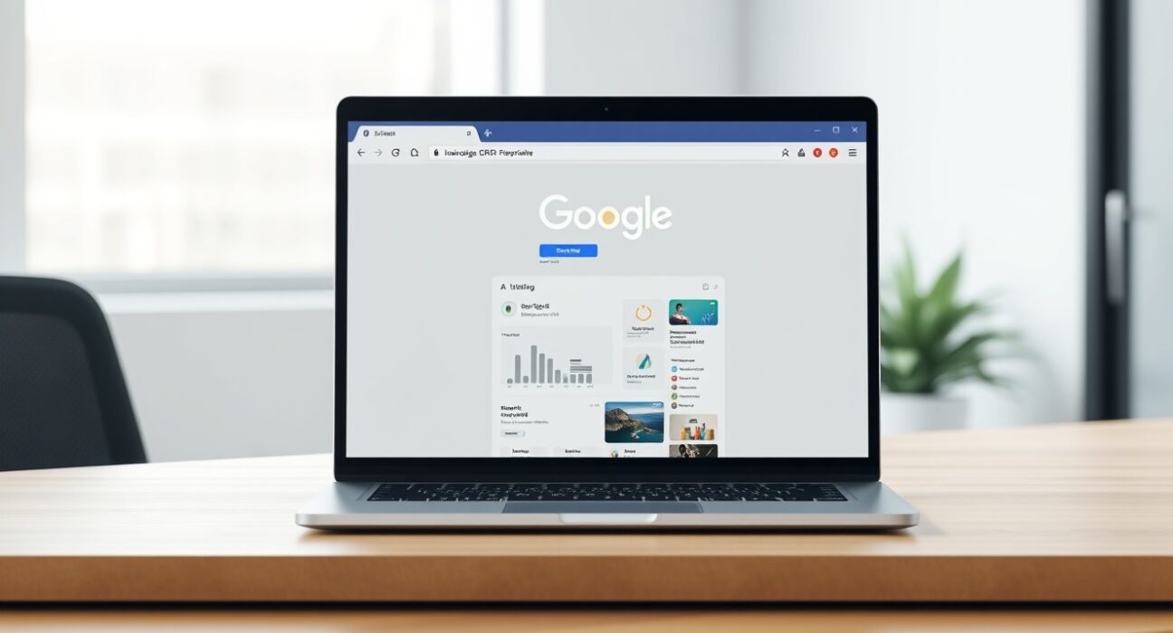 Google Chrome AI interface automating workplace tasks on a laptop in a modern office.