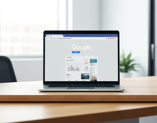 Google Chrome AI interface automating workplace tasks on a laptop in a modern office.
