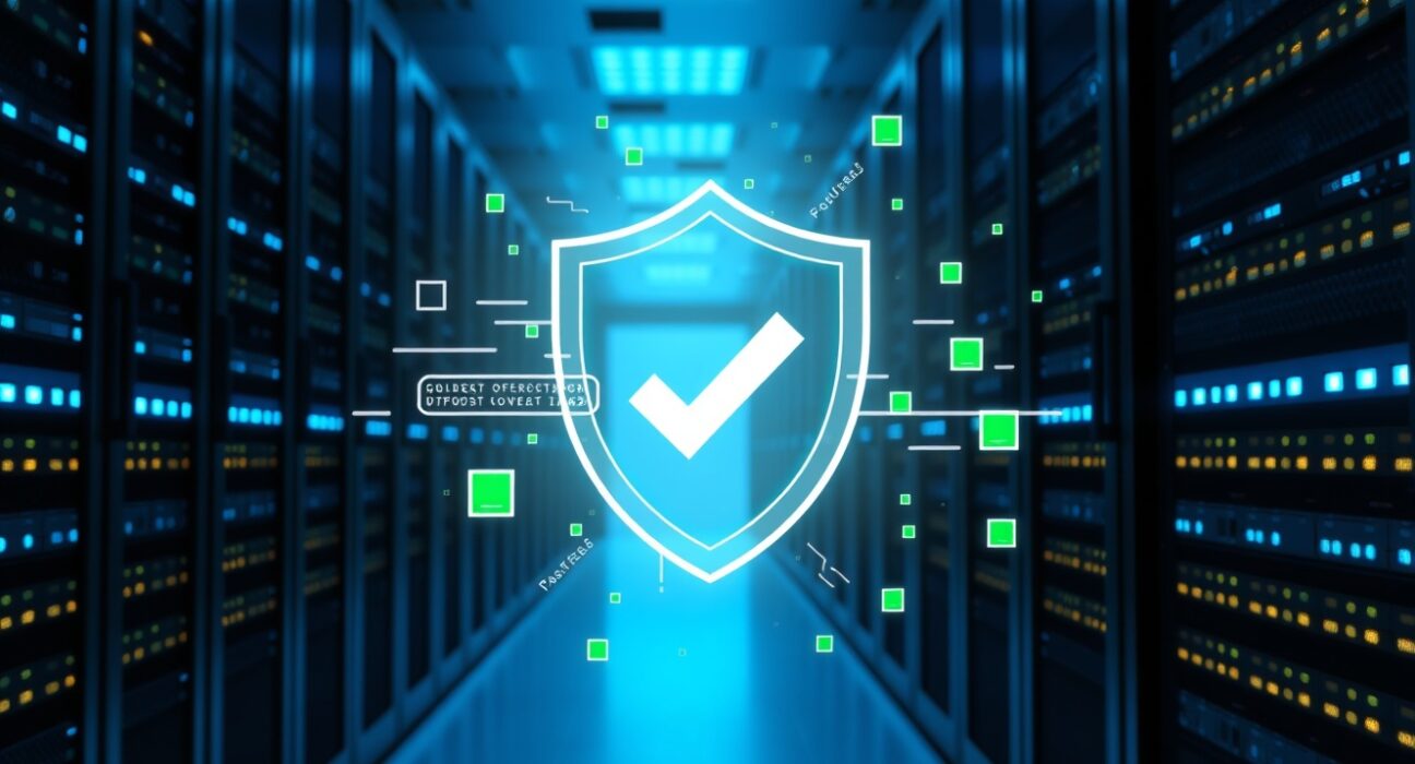 Data center with digital shield overlay representing AI-powered Chrome security fixes