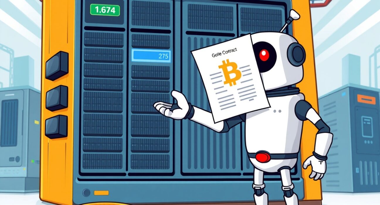 Cartoon of Google and Cipher Mining shaking hands over a contract, symbolizing Google's strategic investment in the Bitcoin miner.