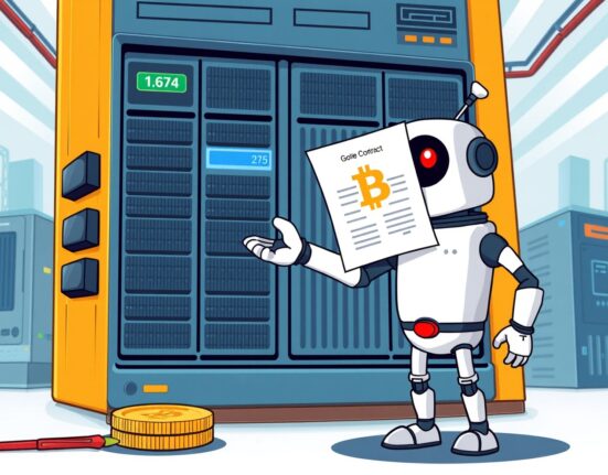 Cartoon of Google and Cipher Mining shaking hands over a contract, symbolizing Google's strategic investment in the Bitcoin miner.