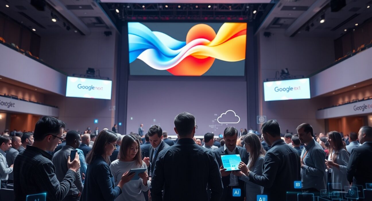 Google Cloud Next 2026 conference stage and attendees showcasing AI startup innovation.