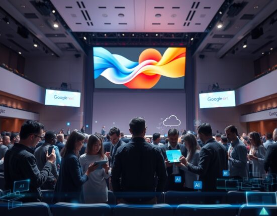 Google Cloud Next 2026 conference stage and attendees showcasing AI startup innovation.