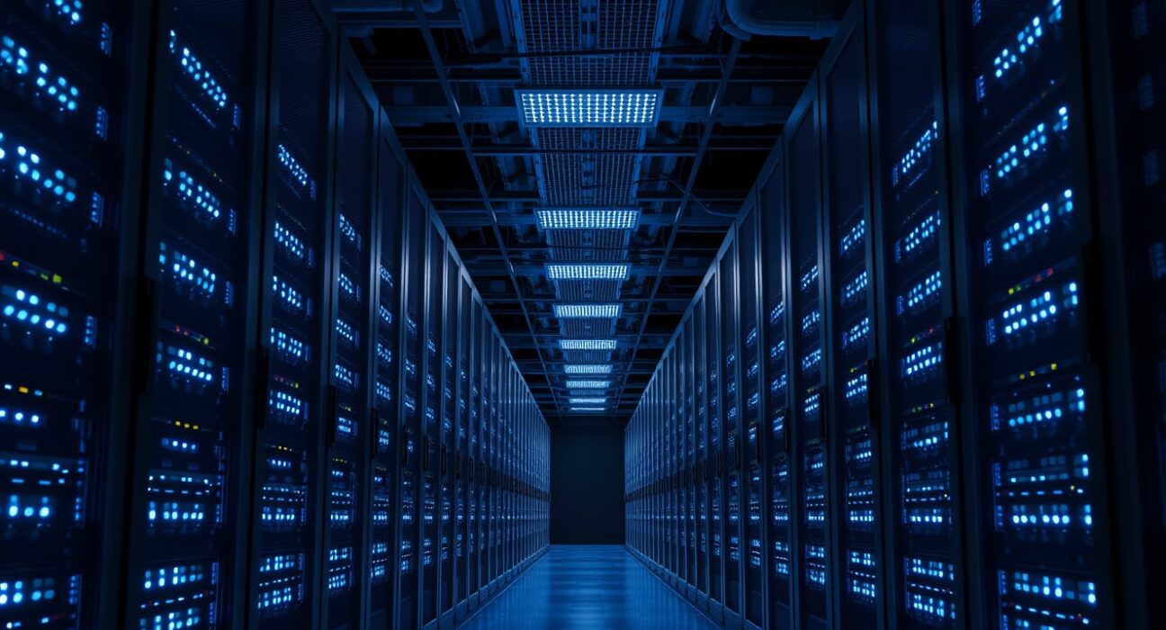 Google Cloud data center interior showing server racks with blue lighting, representing AI cloud infrastructure growth